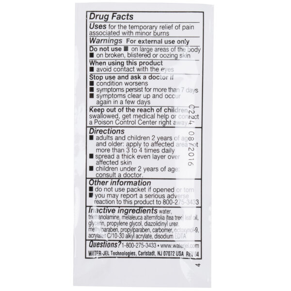 A close-up of a white Medi-First Burn Jel packet with a white label.