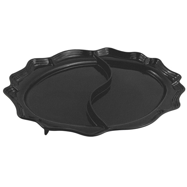 A black Bon Chef divided oval platter with a curved edge.