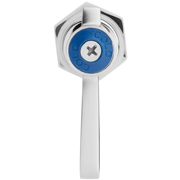 A close-up of a chrome and blue Regency faucet handle with a screwdriver.