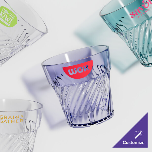 A close-up of a blue GET Tahiti plastic tumbler.