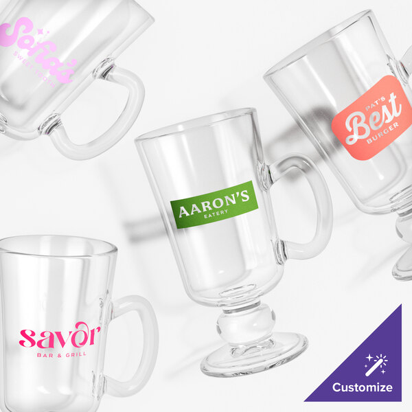 A group of clear Tritan plastic Irish coffee mugs with custom labels.