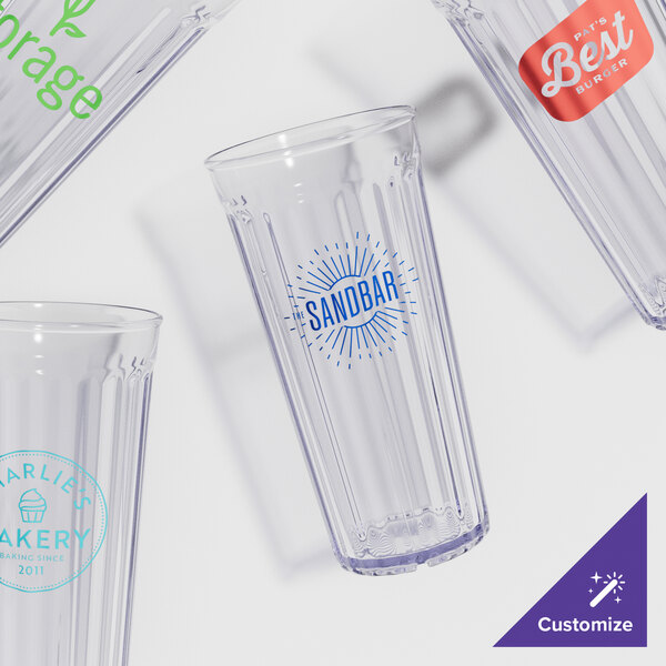 A group of clear GET SAN plastic tumblers.