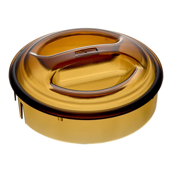 A round brown plastic lid with a circular hole.