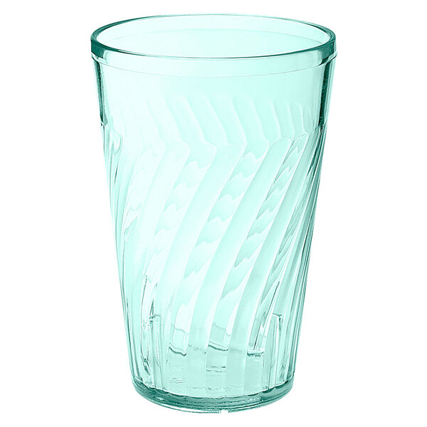 A clear glass with a spiral design.