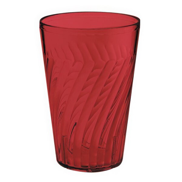 A red Tahiti plastic tumbler with a swirl design.