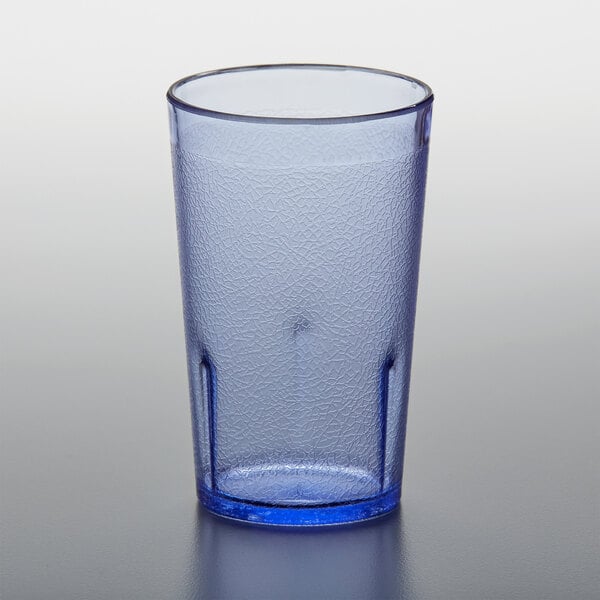 A close-up of a blue crackled plastic tumbler.