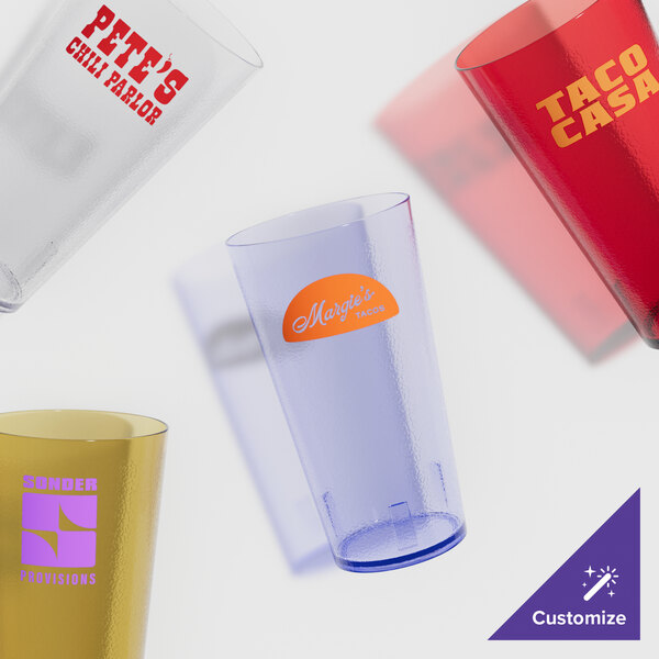 A group of blue pebbled plastic tumblers.