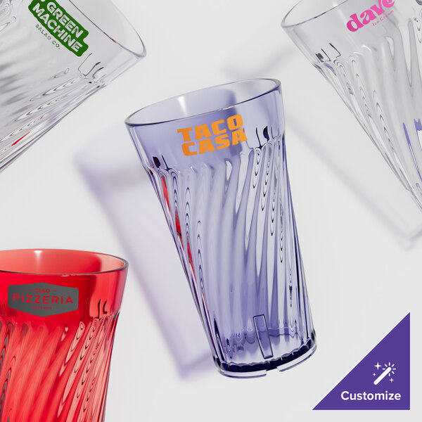 A close-up of a blue GET SAN plastic tumbler.