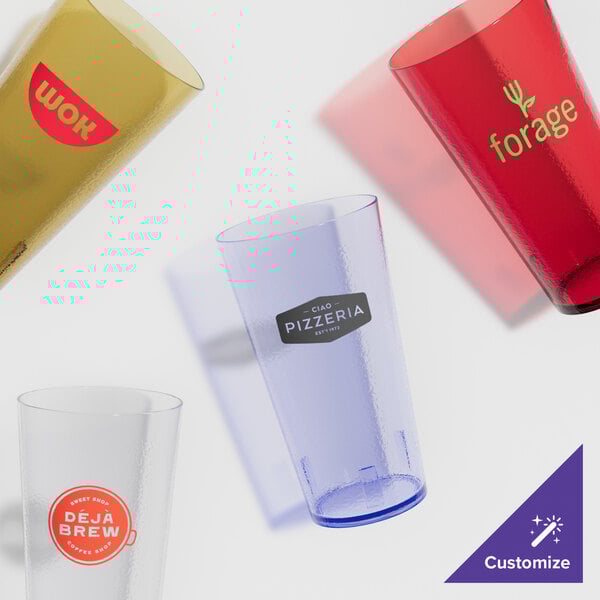 A group of red GET plastic tumblers with custom text.