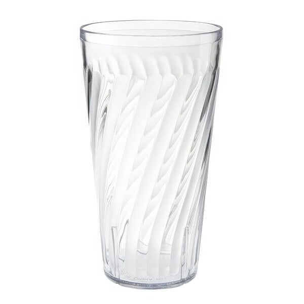 A close-up of a clear plastic GET tumbler with a swirl design.