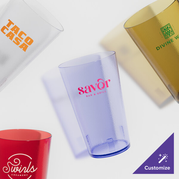 A close-up of a clear pebbled plastic tumbler.