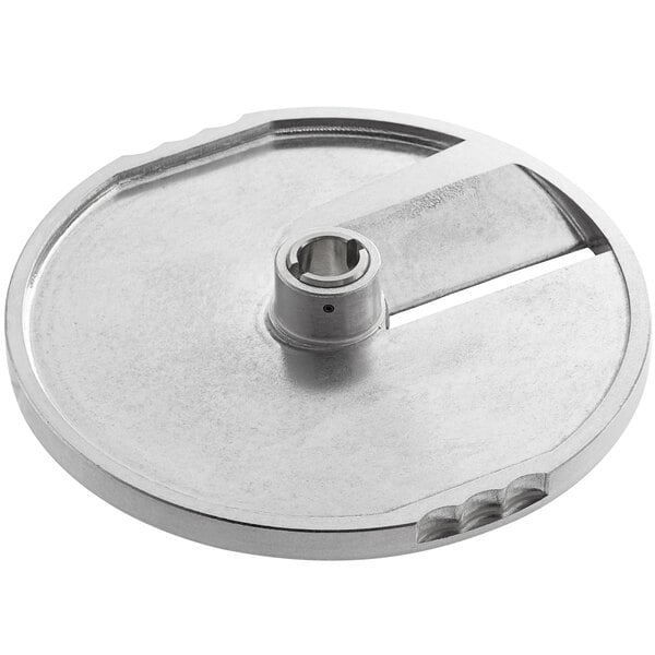 A circular metal AvaMix 3/8" slicing disc with a hole in the center.