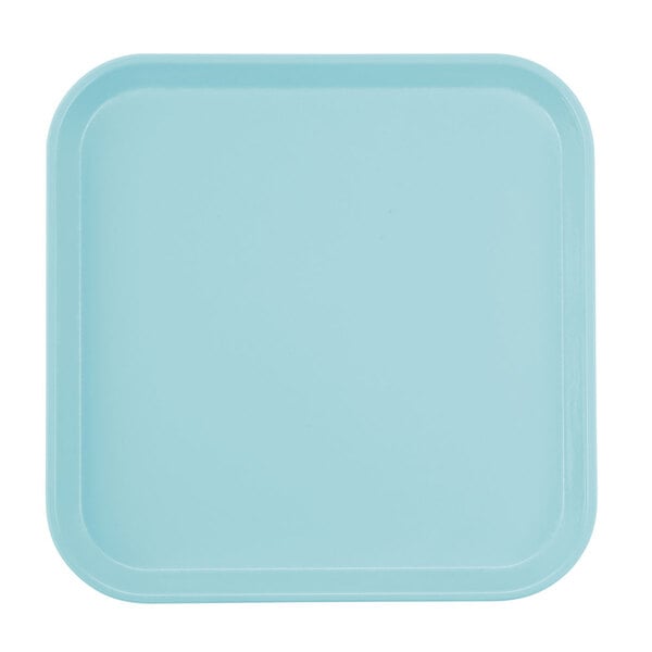 A square sky blue tray with a white border.