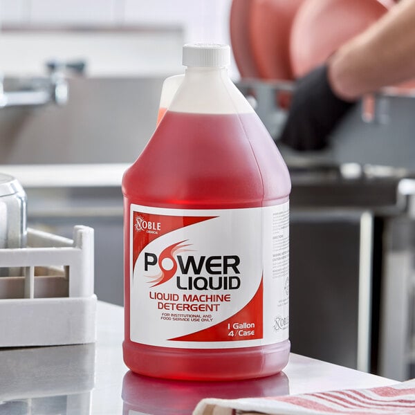 A 1-gallon container of Noble Power Liquid concentrated dish washing machine detergent.