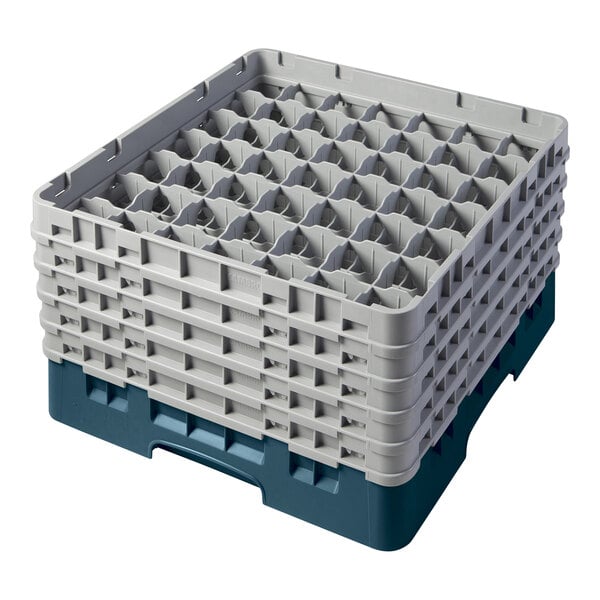 A teal plastic Cambro glass rack with extenders.