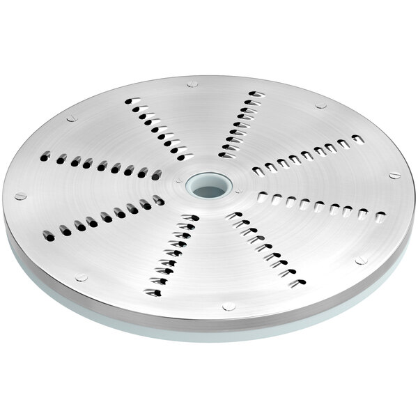 A circular stainless steel disc with holes.