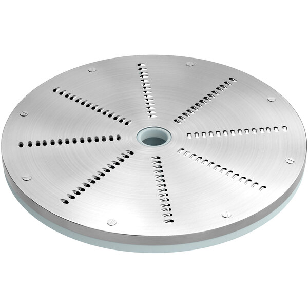 A stainless steel circular grating disc with holes.