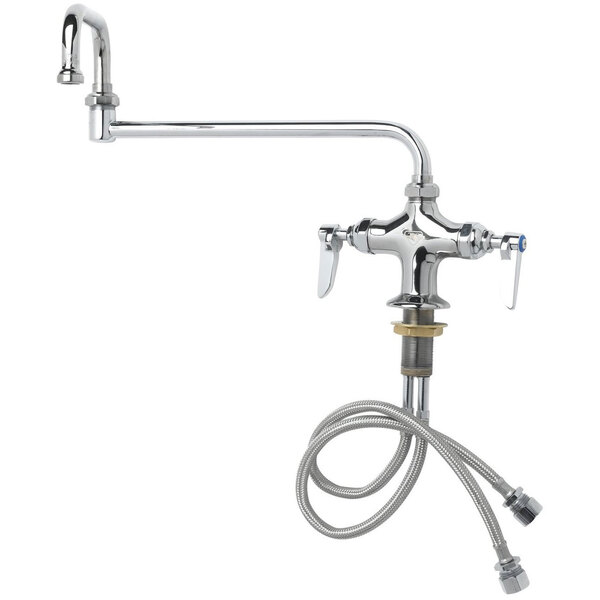 A chrome T&S deck-mounted pantry faucet with a hose.