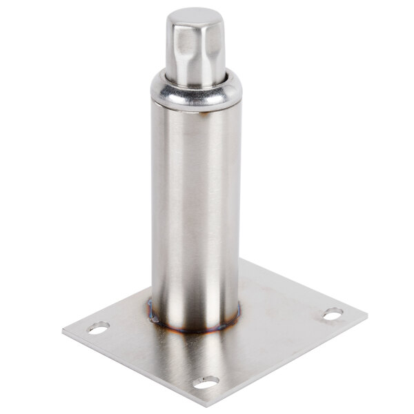 A metal pole with a silver metal base and a screw.