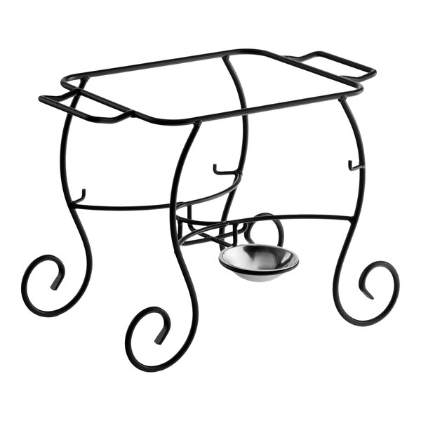 A wrought iron chafer stand designed to hold a 4-quart half size chafer.