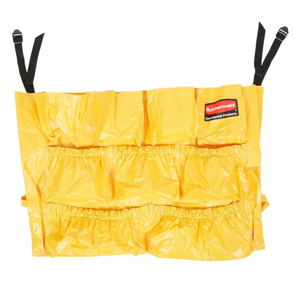 A yellow Rubbermaid utility bag with a white handle and black strap.