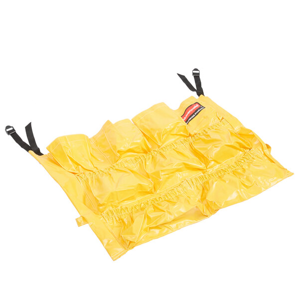 A yellow Rubbermaid caddy bag with black straps and a zipper.
