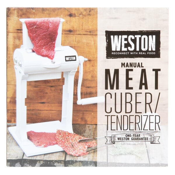 A Weston manual meat tenderizer with meat on it.