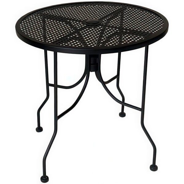 An American Tables & Seating round black metal table with a umbrella hole.