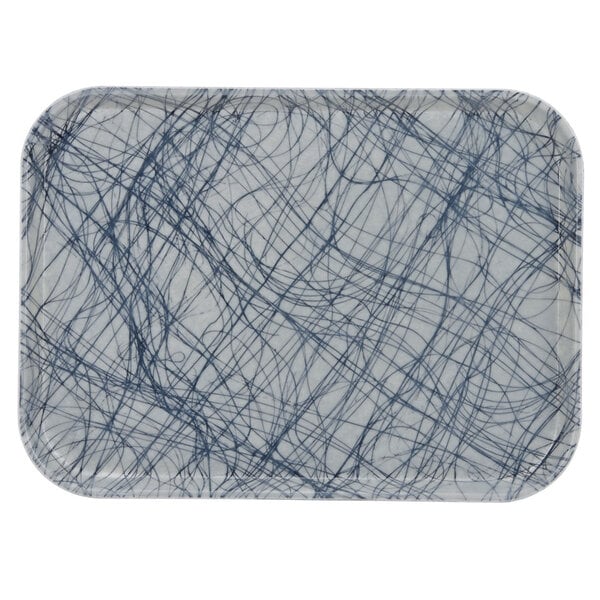 A rectangular gray Cambro tray with blue and white swirls.