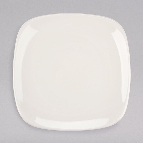 A Tuxton square china plate with a white rim.