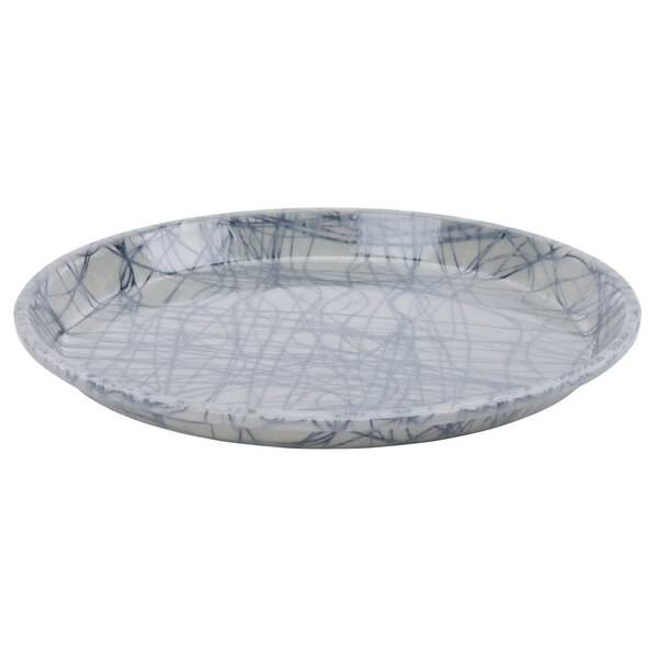 A round gray Cambro tray with a black swirl pattern on it.