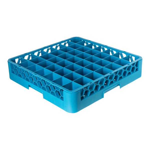 A blue plastic glass rack with 49 compartments for holding and washing glassware.