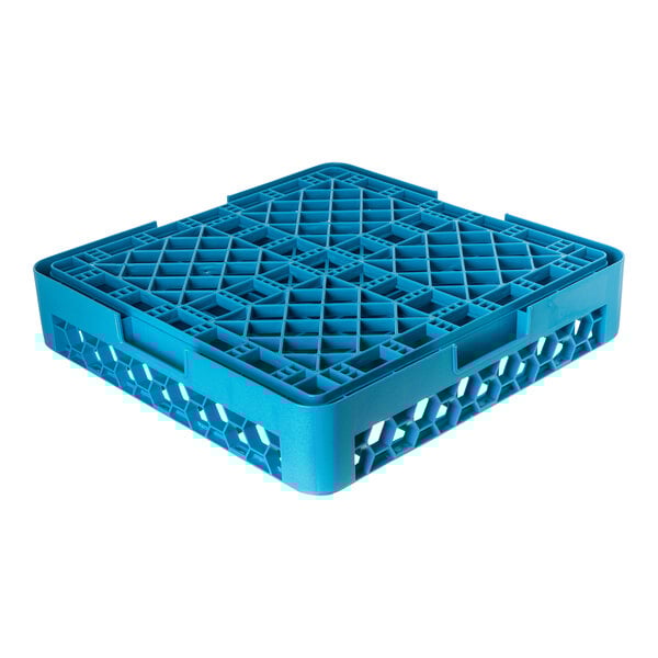 A blue plastic glass rack with 49 compartments for holding glassware.