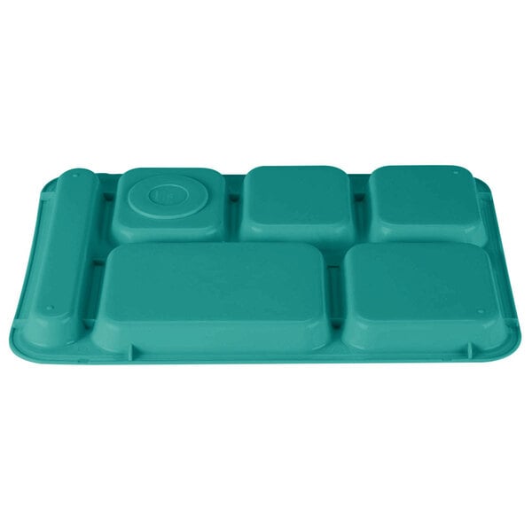A blue Cambro co-polymer compartment tray with six squares.
