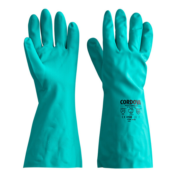 A pair of San Jamar green rubber gloves with a flock lining.