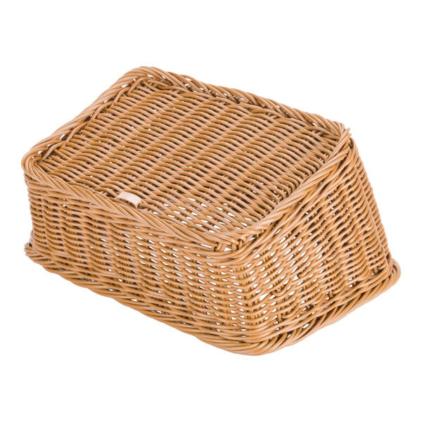 A rectangular, honey-colored woven basket with a cascading, sloped design.