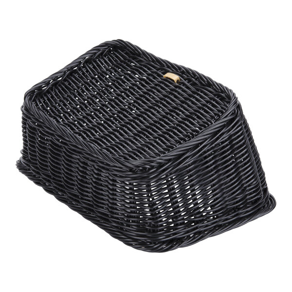 A black, rectangular, woven basket made of plastic material, shown at an angle.