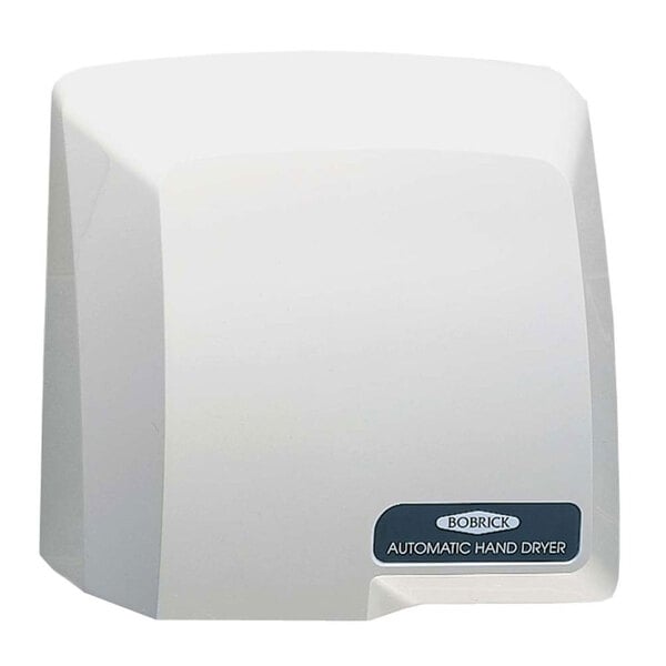 A white Bobrick CompacDryer hand dryer with a black label.