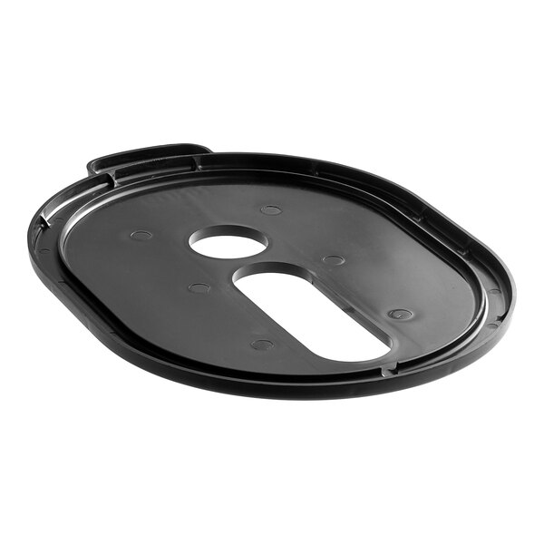 A black plastic Bunn Brew Thru lid with a hole.