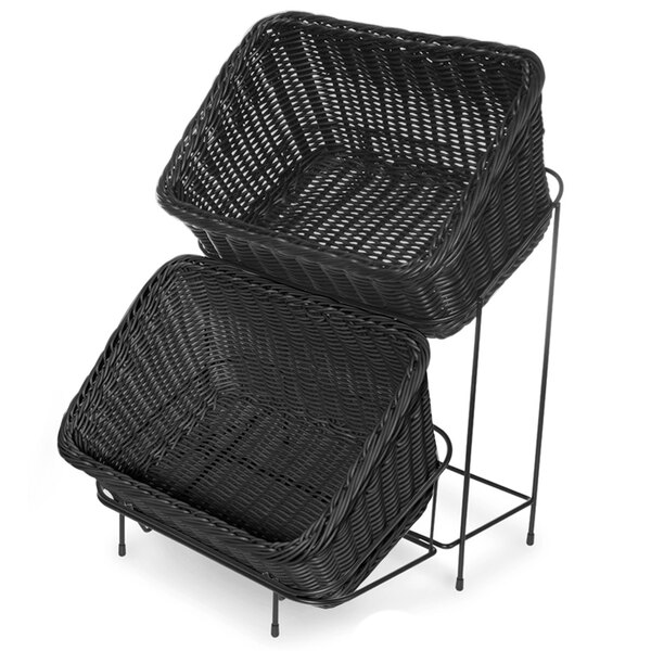 A black polypropylene basket on a black metal stand.