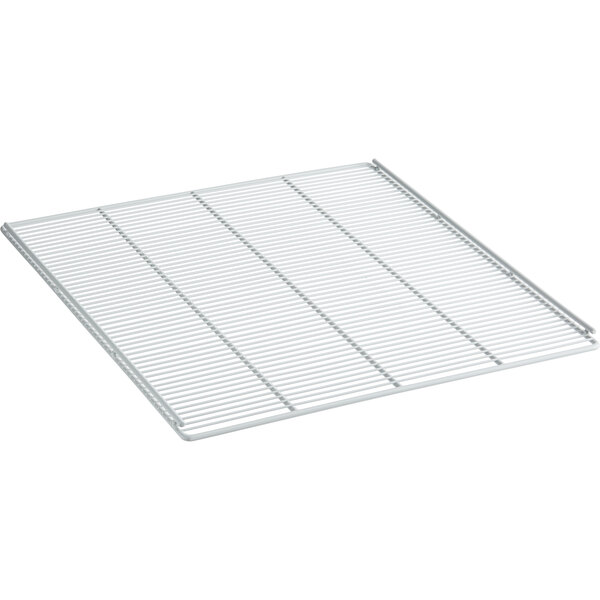 A white metal grid shelf with holes.