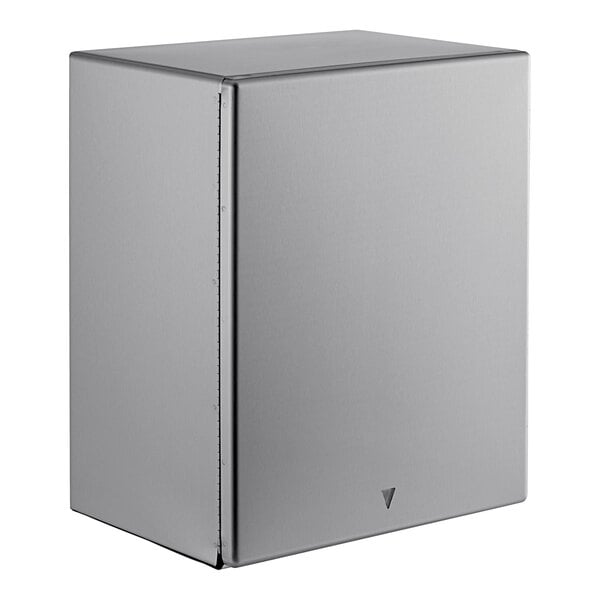 A silver metal box with a grey triangle on the side and a lid on top.