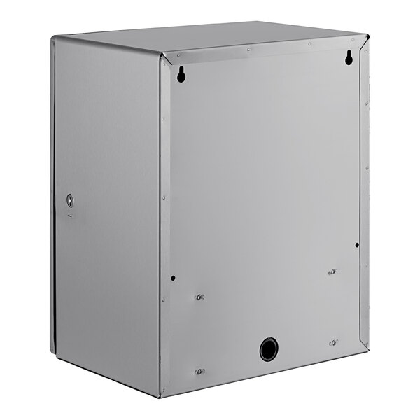 A silver metal box with a door and a hole for paper towels.