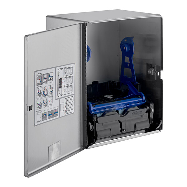 A metal box with a blue and black Bobrick paper towel dispenser inside.
