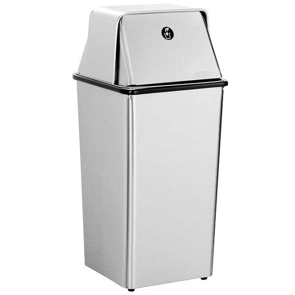 A silver stainless steel Bobrick waste receptacle with a lid.