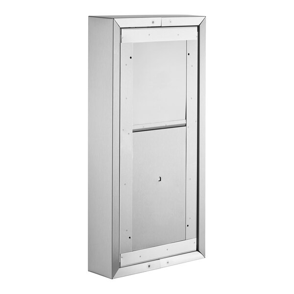 A stainless steel wall mounted metal box with a door.
