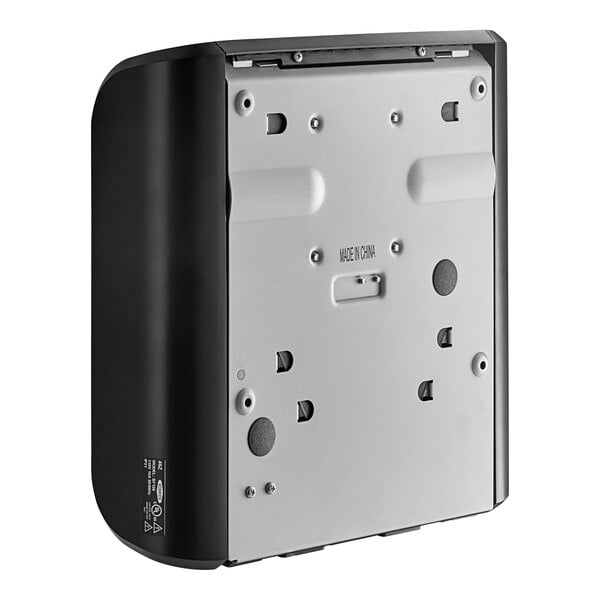 A black and silver rectangular Bobrick electric hand dryer with black trim.
