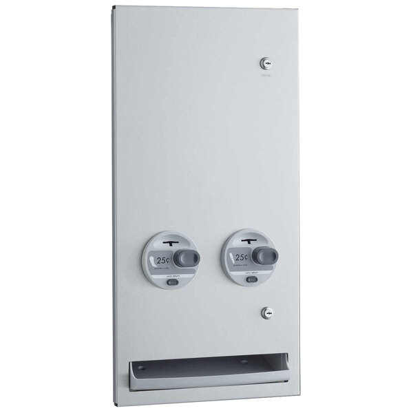 A white rectangular Bobrick napkin/tampon vendor panel.