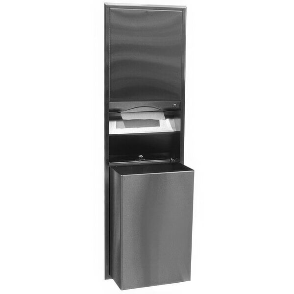 A stainless steel Bobrick rectangular paper towel dispenser and waste receptacle with a door open.