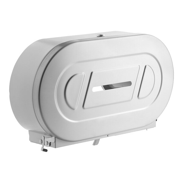 A white metal Bobrick twin jumbo roll toilet paper dispenser with a hole.